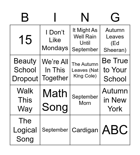 Song Bingo Card