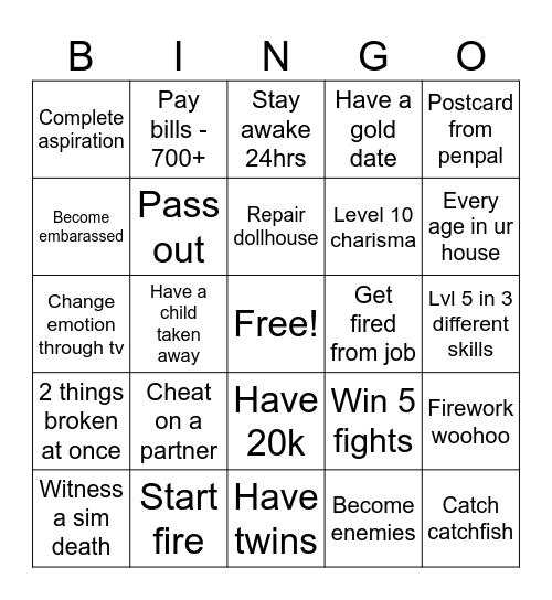 Sims 4 Bingo Card