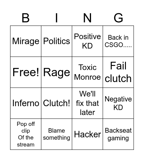 Monroe Stream Bingo Card