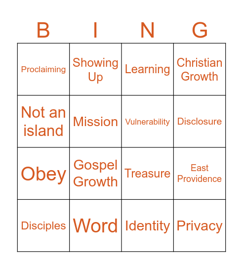 Small Group Vision & Norms Bingo Card