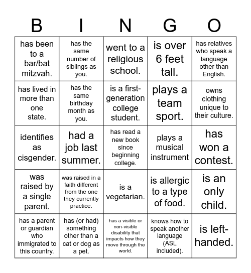 Find a classmate who has... Bingo Card