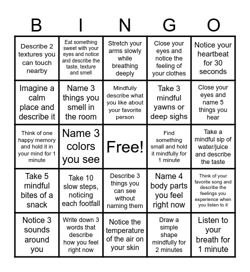 MINDFULNESS Bingo Card