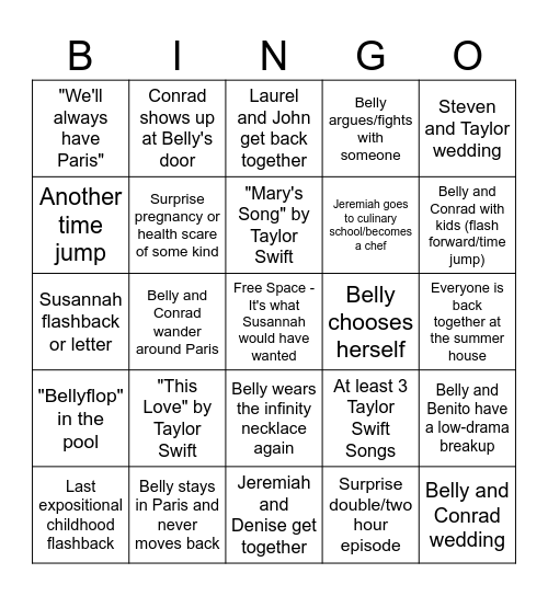 The Summer I Turned Pretty Series Finale Bingo Card