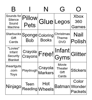Toy Drive Wish List Bingo Card