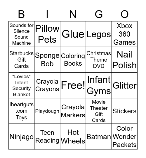 Toy Drive Wish List Bingo Card