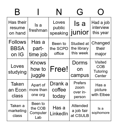 BBSA Business Bingo Card