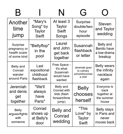 The Summer I Turned Pretty Series Finale Bingo Card
