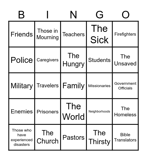 Prayer Bingo Card
