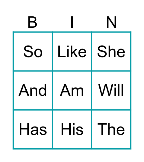 Sight Word Bingo Card
