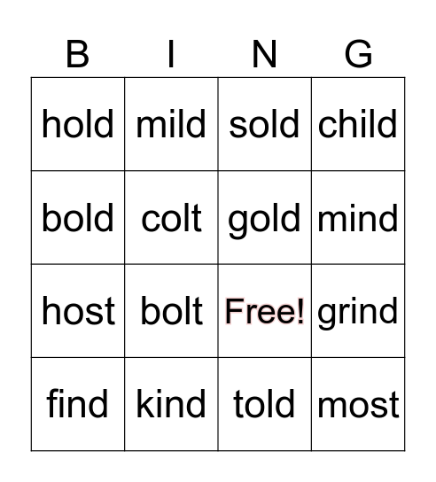 Closed Syllable Exception Bingo Card