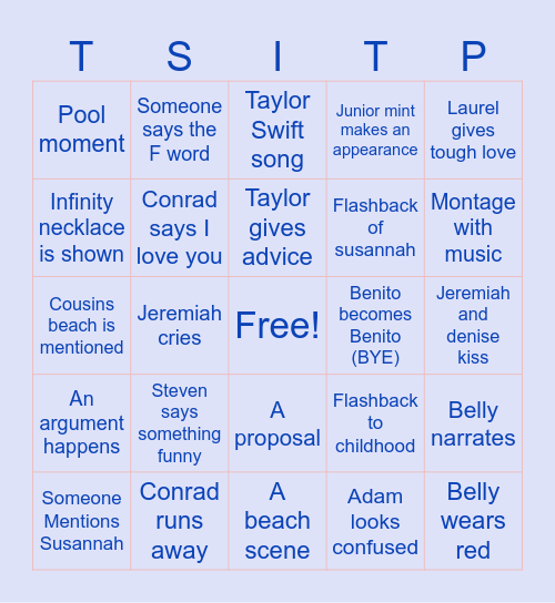 The Summer I Turned Pretty Finale Bingo Card