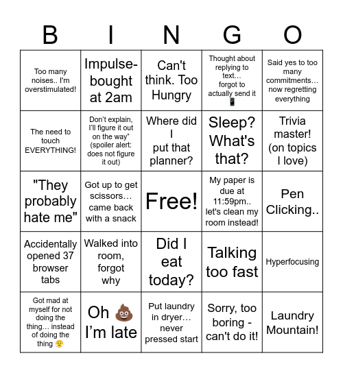 ADHD Bingo Card