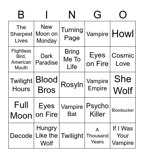 Twilight Bingo Card