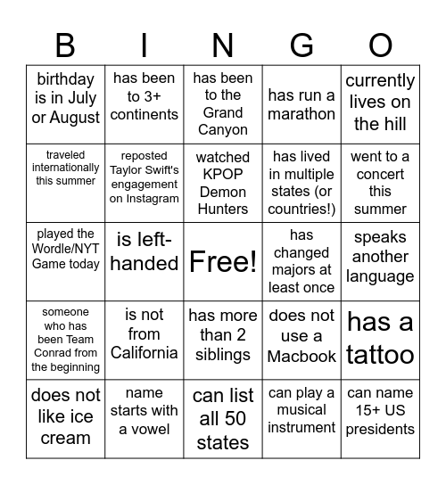 Cru Icebreaker Bingo-- Find someone who... Bingo Card