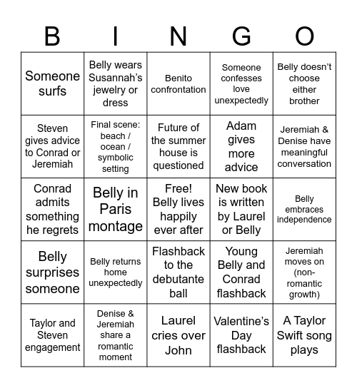 The Summer I Turned Pretty Finale Bingo Card