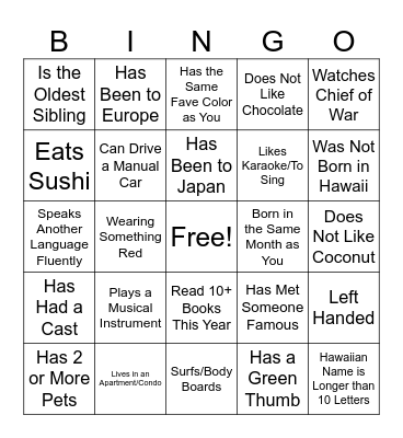 Getting to Know. You Bingo Card