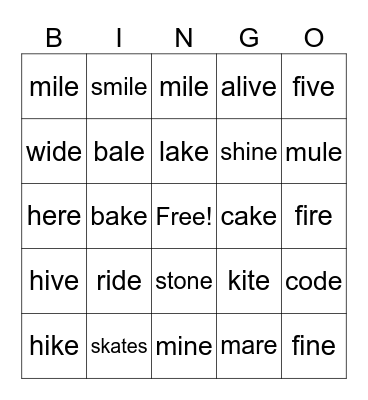 Long Vowel Sounds - Letter 'E' Bingo Card
