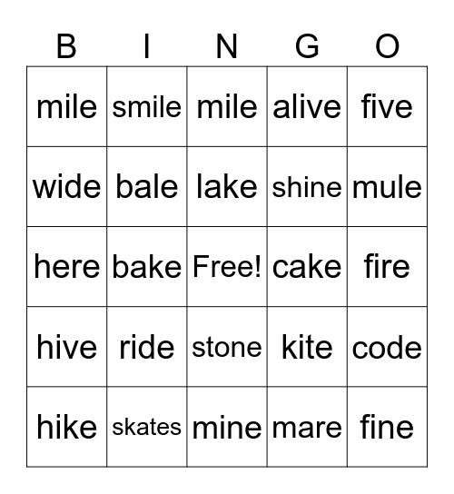 Long Vowel Sounds - Letter 'E' Bingo Card