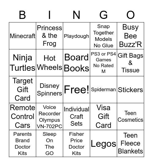 Toy Drive Wish List Bingo Card