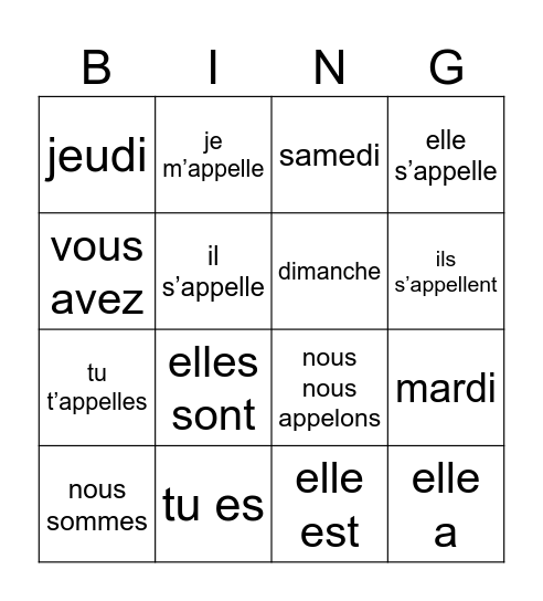 Bingo - Conjugaisons Bingo Card