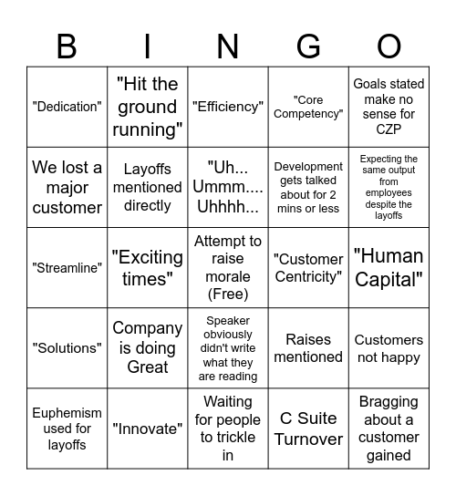 All Hands Bingo Card