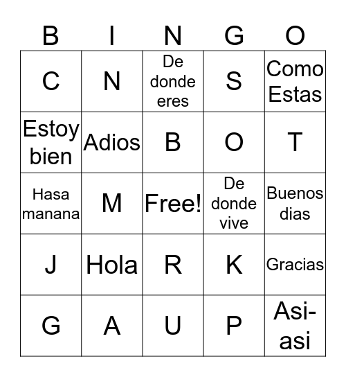 Spanish Bingo Card