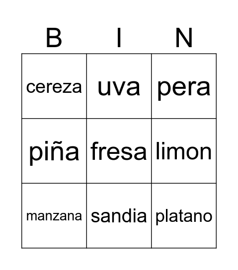 frutas Bingo Card