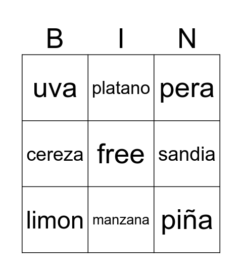 frutas Bingo Card
