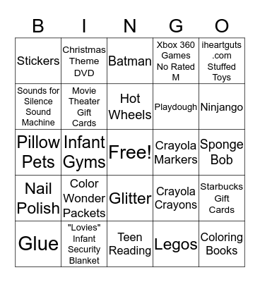 Toy Drive Wish List Bingo Card