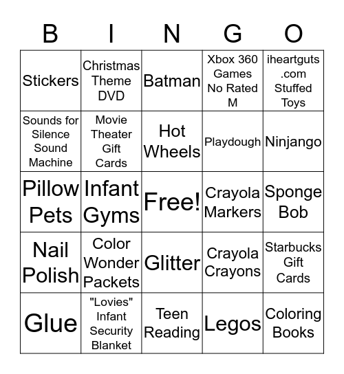 Toy Drive Wish List Bingo Card