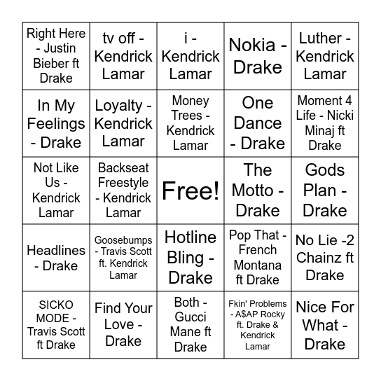 K - Dot vs Champagne Papi...     Kung Fu Kenny vs Drizzy...      Kendrick vs Drake Bingo Card
