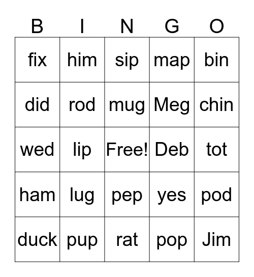 Short Vowel Bingo Card