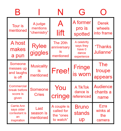 DWTS BINGO Card