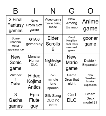 Game Awards Bingo Card