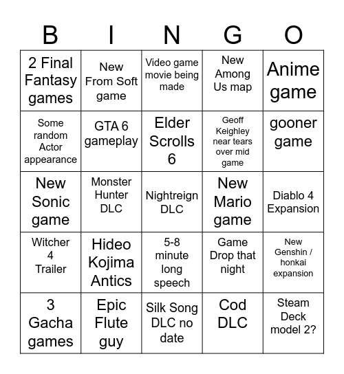Game Awards Bingo Card