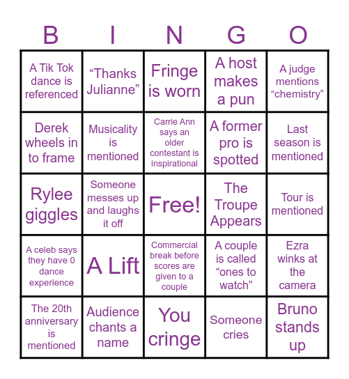 DWTS Premier Bingo Card