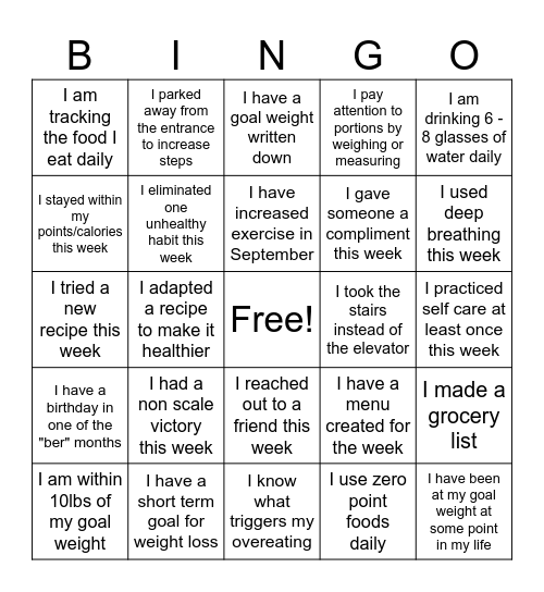 Biggest Loser Bingo Card