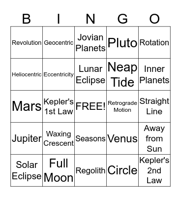 Astronomy Bingo Card