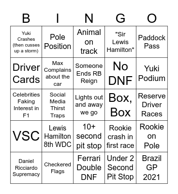 Formula 1 Bingo Card 2024 Bingo Card