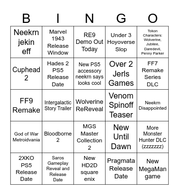 Playstation Showcase Bingo Card