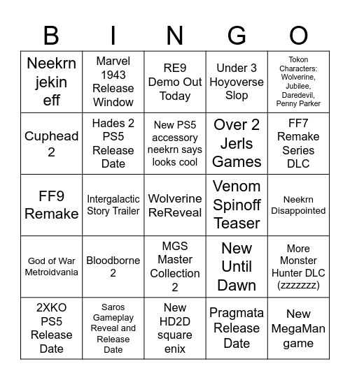 Playstation Showcase Bingo Card