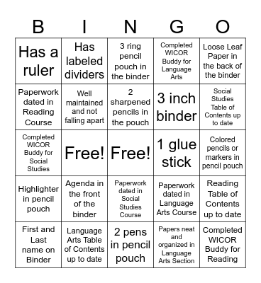 AVID Binder Check BINGO Card