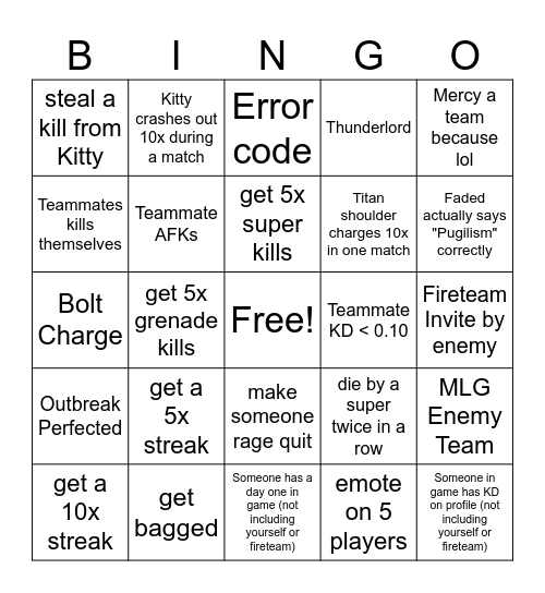 Iron Banner Bingo Card