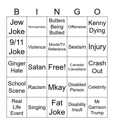 South Park Bingo Card
