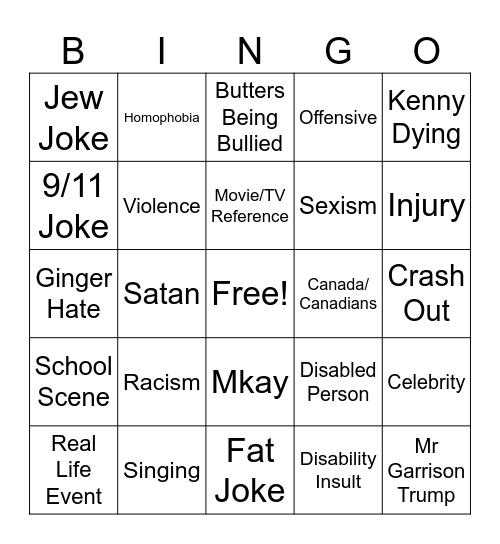 South Park Bingo Card