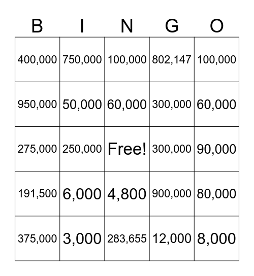 Calculation Bingo Card