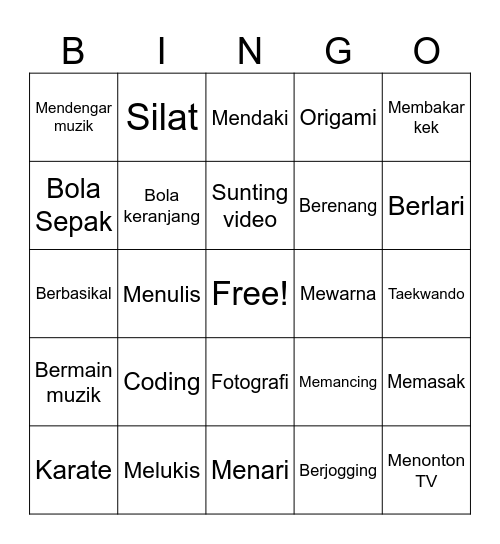 Hobi Saya Bingo Card