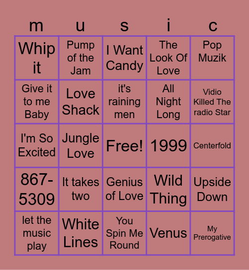 More 80's Dance Music Bingo Card