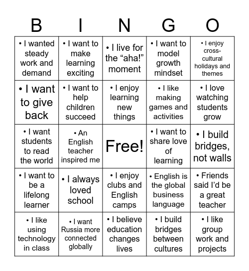 WHY I WANTED TO BE AN ENGLISH TEACHER BINGO Card