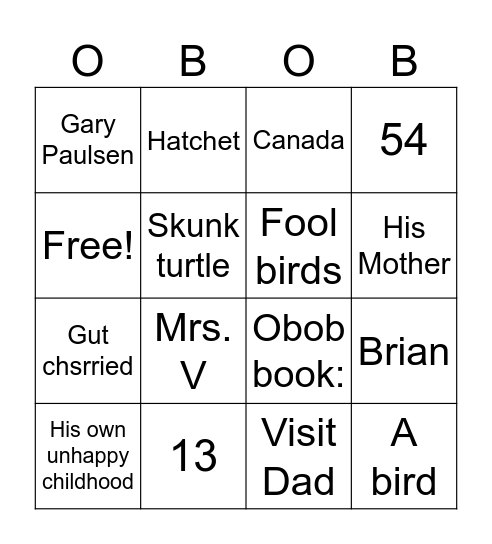 OBOB Book Club: Hatchet Bingo Card